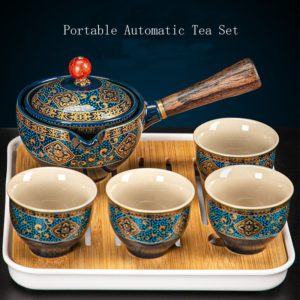 Portable Flower Exquisite Chinese Gongfu Kung Fu Tea Set Ceramic Teapot W Wooden Handle Side handle