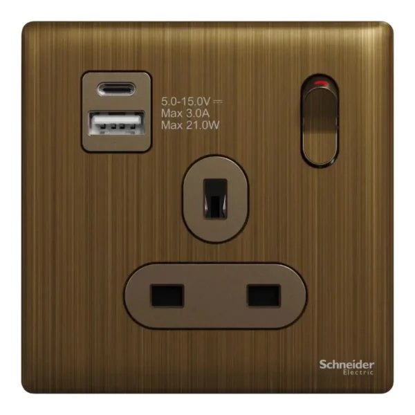 Schneider Switched socket with USB, Unica X, 13A, 250V, 2 pole, type A+C, 21W, Antique Bronze ,NUX15DACQUS_AB - Image 2
