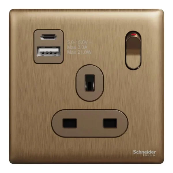 Schneider Switched socket with USB, Unica X, 13A, 250V, 2 pole, type A+C, 21W, Dark Bronze ,NUX15DACQUS_DB - Image 2