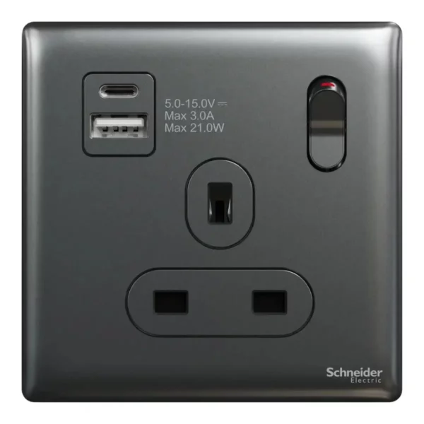 Schneider Switched socket with USB, Unica X, 13A, 250V, 2 pole, type A+C, 21W, Dark Grey, NUX15DACQUS_DG - Image 2