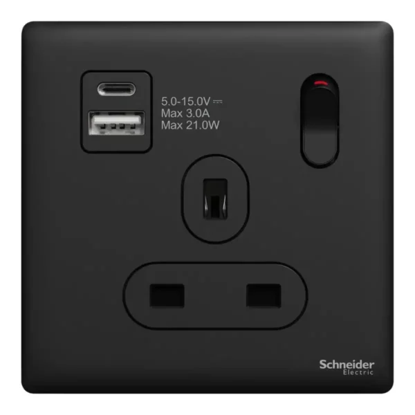 Schneider Switched socket with USB, Unica X, 13A, 250V, 2 pole, type A+C, 21W,Jet Black ,NUX15DACQUS_JB - Image 2