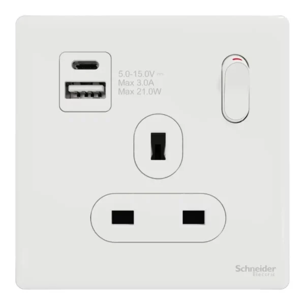 Schneider Switched socket with USB, Unica X, 13A, 250V, 2 pole, type A+C, 21W, Painted White ,NUX15DACQUS_PW - Image 2