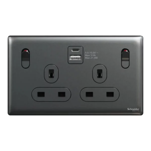 Schneider Switched socket with USB, Unica X, 13A, 250V, 2 pole, type A+C, 21W, Dark Grey ,NUX25DACQUS_DG - Image 2
