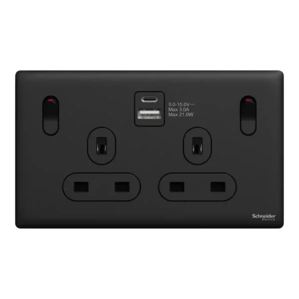 Schneider Switched socket with USB, Unica X, 13A, 250V, 2 pole, type A+C, 21W,Jet Black ,NUX25DACQUS_JB - Image 2