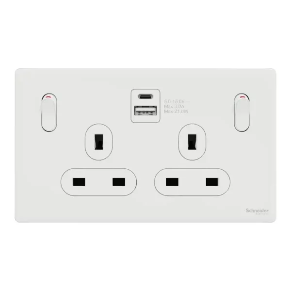 Schneider Switched socket with USB, Unica X, 13A, 250V, 2 pole, type A+C, 21W, Painted White ,NUX25DACQUS_PW - Image 2