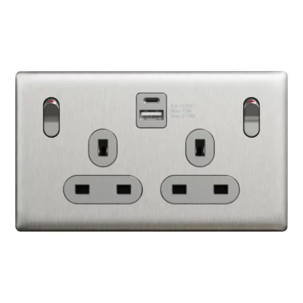 Schneider Switched socket with USB, Unica X, 13A, 250V, 2 pole, type A+C, 21W, Stainless Steel, NUX25DACQUS_SS - Image 2