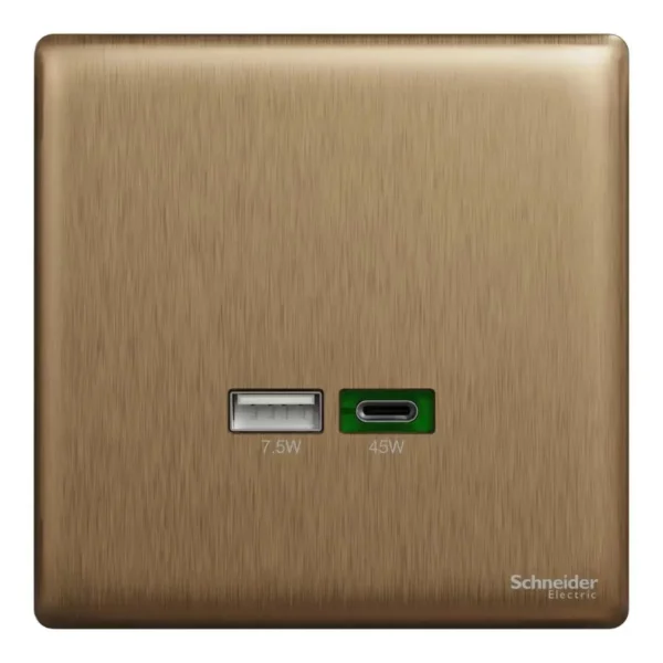 Schneider Double USB Charger, Unica X, 45W, type A+C, Dark Bronze ,NUX32ACQUSB_DB - Image 2