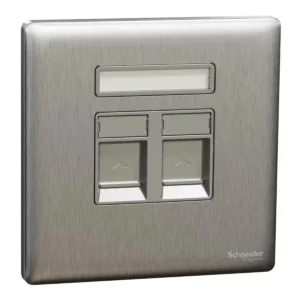 Schneider Telephone and data socket, Unica X, 2 gang, RJ45, Cat6, with shutter, Stainless Steel ,NUX32TDRJ6_SS