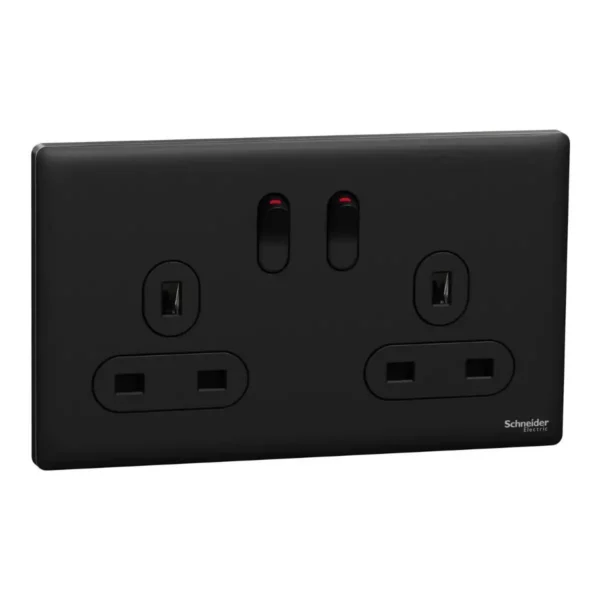 Schneider Switched socket, Unica X, 13A, 250V, 2 gangs, 2 pole,Jet Black ,NUXT25D_JB