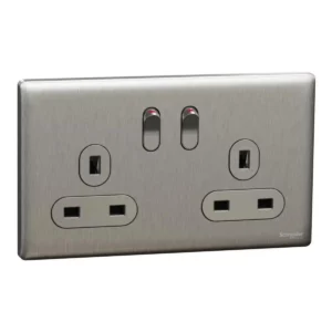 Schneider Switched socket, Unica X, 13A, 250V, 2 gangs, 2 pole, Stainless Steel ,NUXT25D_SS