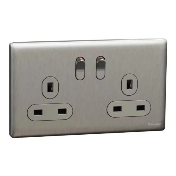Schneider Switched socket, Unica X, 13A, 250V, 2 gangs, 2 pole, Stainless Steel ,NUXT25D_SS