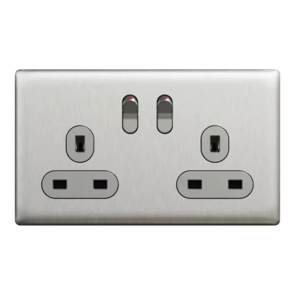 Schneider Switched socket, Unica X, 13A, 250V, 2 gangs, 2 pole, Stainless Steel ,NUXT25D_SS - Image 2