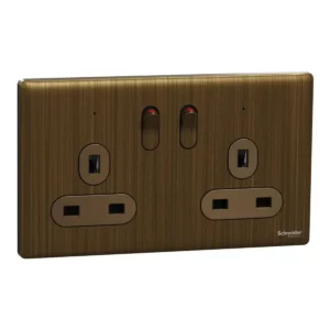 Schneider Switched socket, Unica X, 13A, 250V, 2 gangs, 2 pole, with LED, Antique Bronze, NUXT25DN_AB