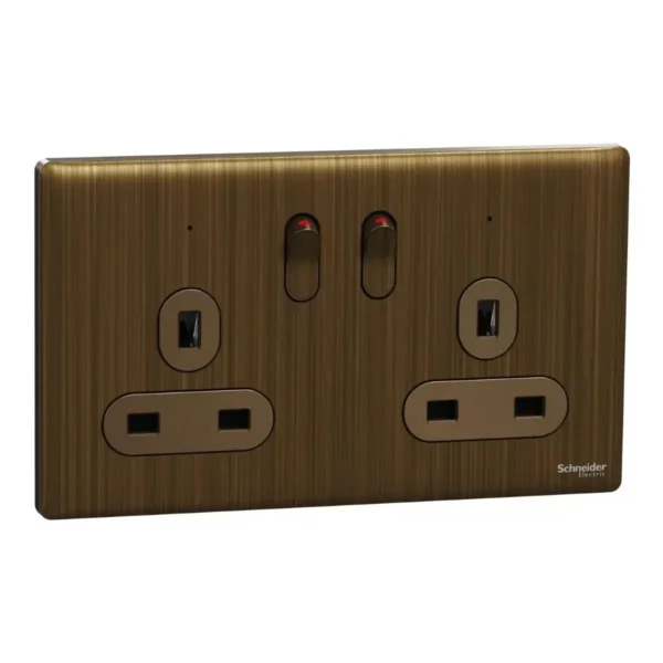 Schneider Switched socket, Unica X, 13A, 250V, 2 gangs, 2 pole, with LED, Antique Bronze, NUXT25DN_AB