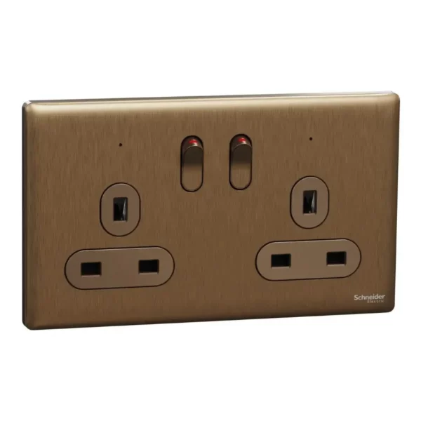 Schneider Switched socket, Unica X, 13A, 250V, 2 gangs, 2 pole, with LED, Dark Bronze, NUXT25DN_DB