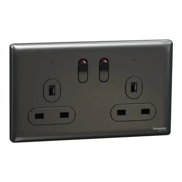 Schneider Switched socket, Unica X, 13A, 250V, 2 gangs, 2 pole, with LED, Dark Grey ,NUXT25DN_DG