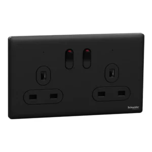 Schnider Switched socket, Unica X, 13A, 250V, 2 gangs, 2 pole, with LED,Jet Black, NUXT25DN_JB
