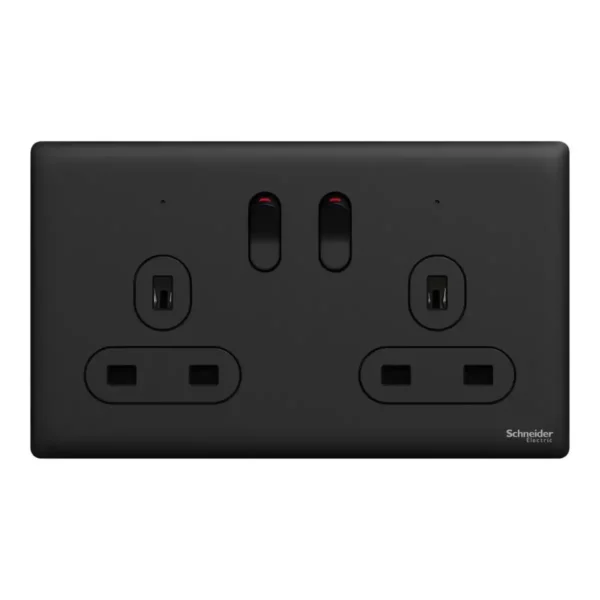 Schnider Switched socket, Unica X, 13A, 250V, 2 gangs, 2 pole, with LED,Jet Black, NUXT25DN_JB - Image 2