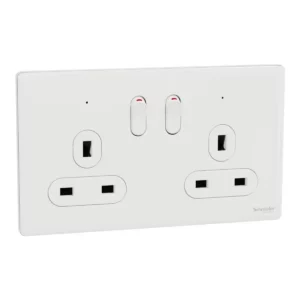 Schneider Switched socket, Unica X, 13A, 250V, 2 gangs, 2 pole, with LED, Painted White, NUXT25DN_PW
