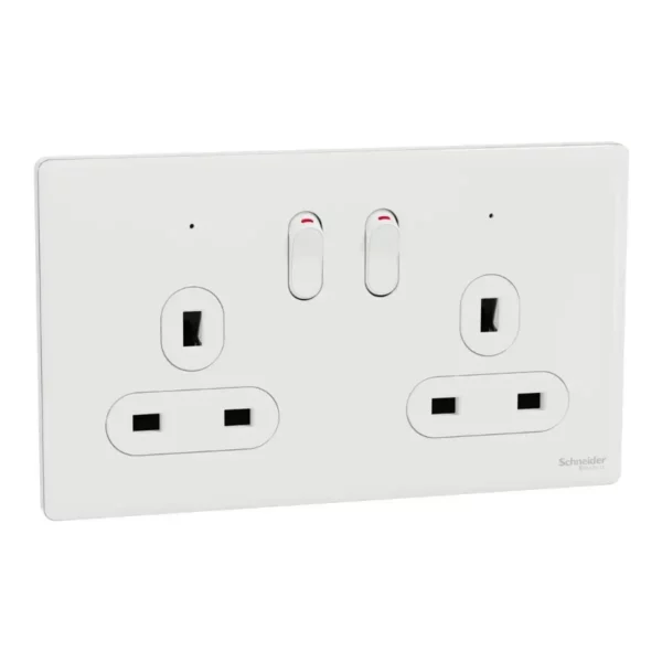 Schneider Switched socket, Unica X, 13A, 250V, 2 gangs, 2 pole, with LED, Painted White, NUXT25DN_PW
