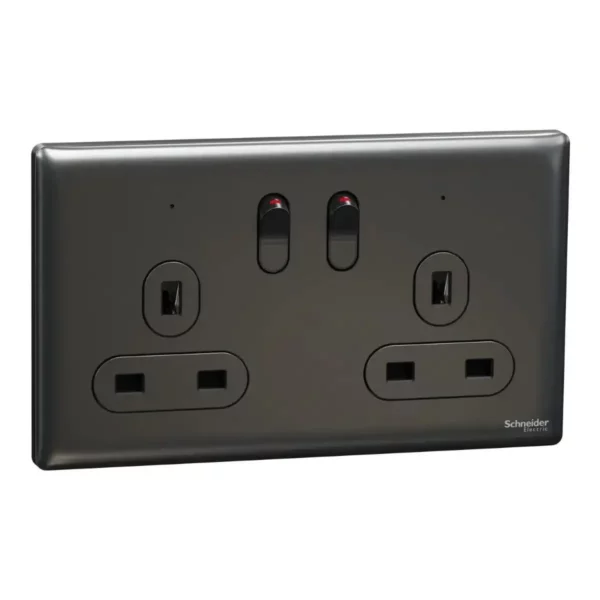 Schneider Switched socket, Unica X, 13A, 250V, 2 gangs, with LED, Dark Grey ,NUXT25N_DG