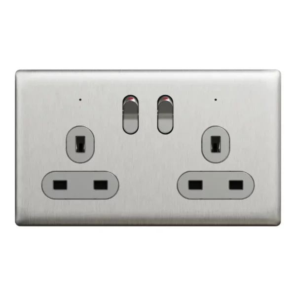 Schneider Switched socket, Unica X, 13A, 250V, 2 gangs, with LED, Stainless Steel ,NUXT25N_SS - Image 2